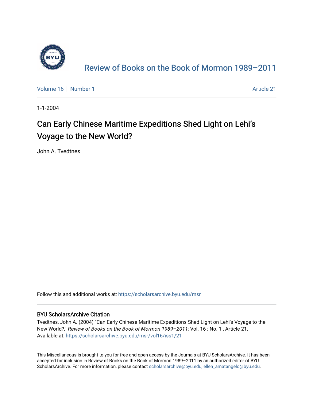 Can Early Chinese Maritime Expeditions Shed Light on Lehi's