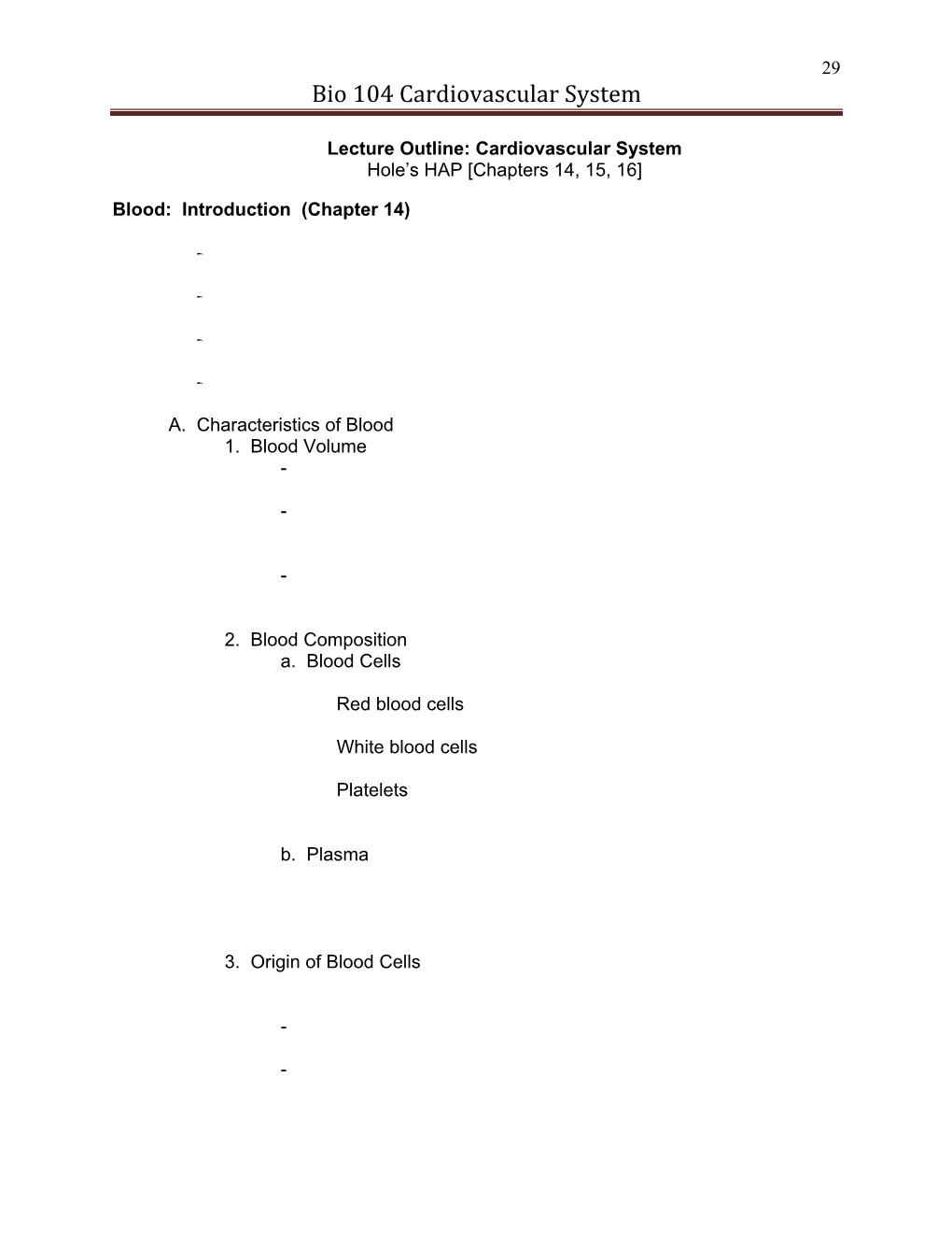 Bio 104 Cardiovascular System