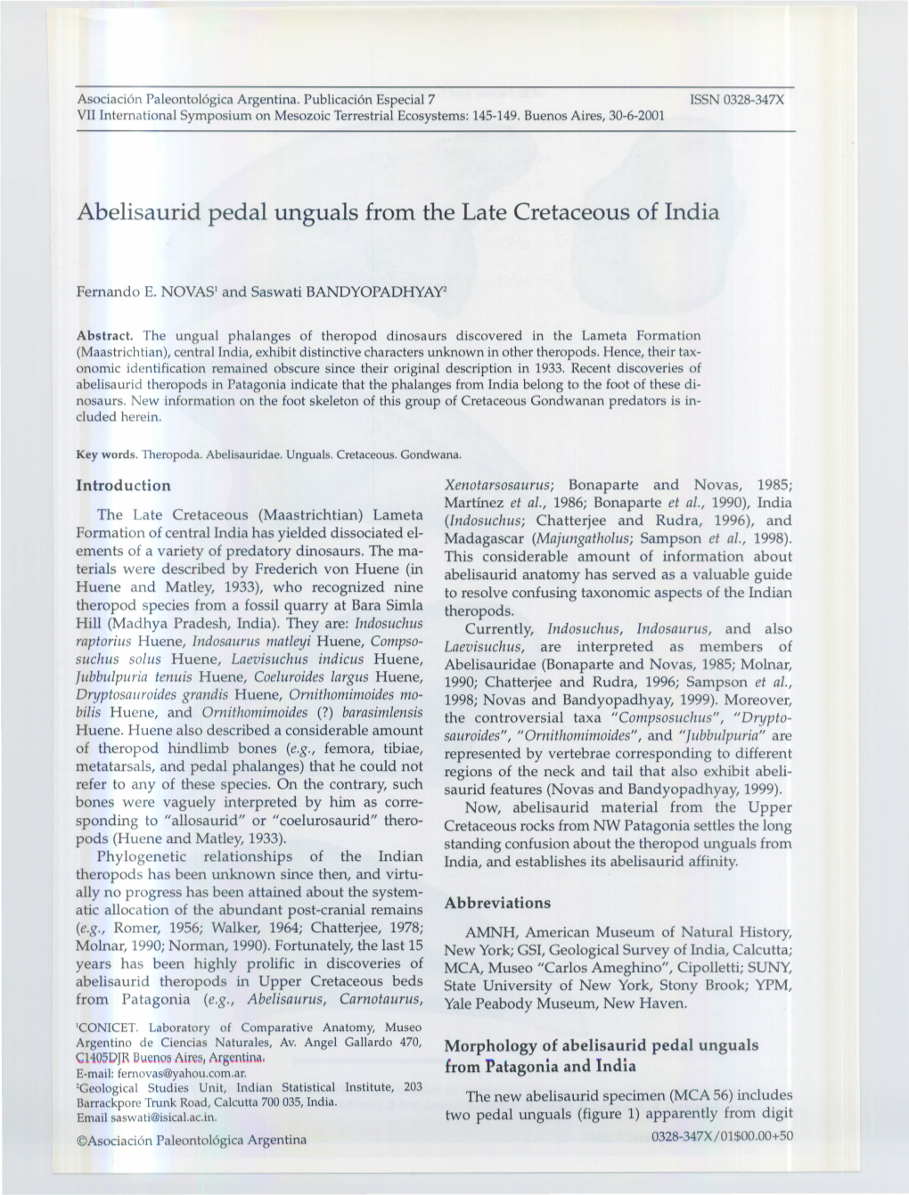 Abelisaurid Pedal Unguals from the Late Cretaceous of India