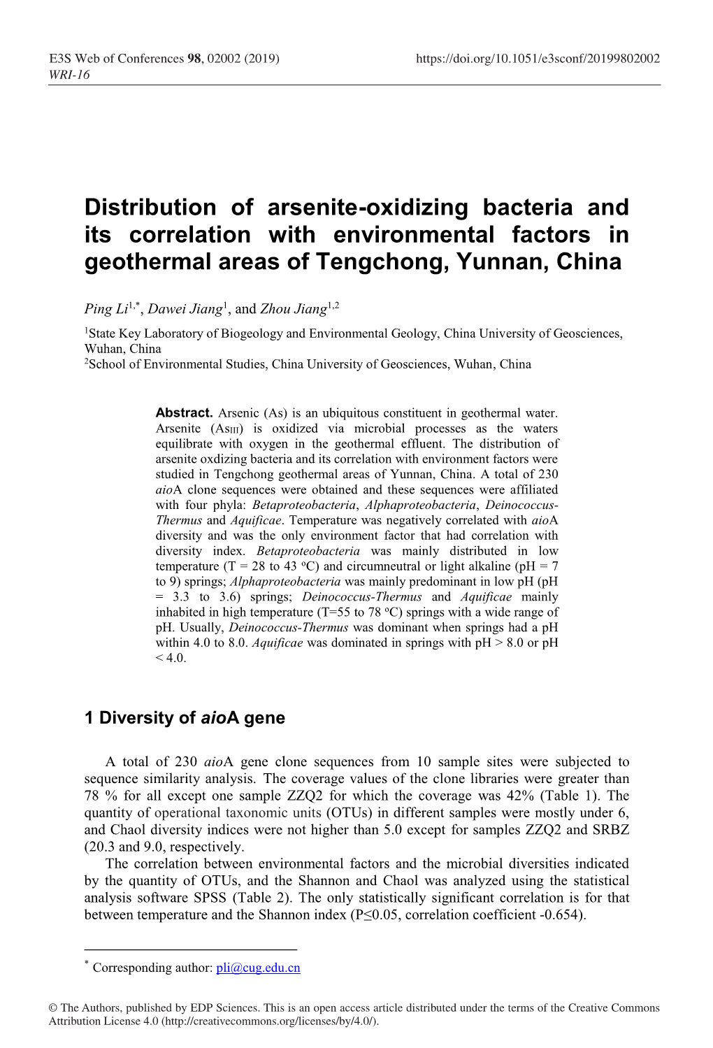 Distribution of Arsenite-Oxidizing Bacteria and Its Correlation with Environmental Factors in Geothermal Areas of Tengchong, Yunnan, China