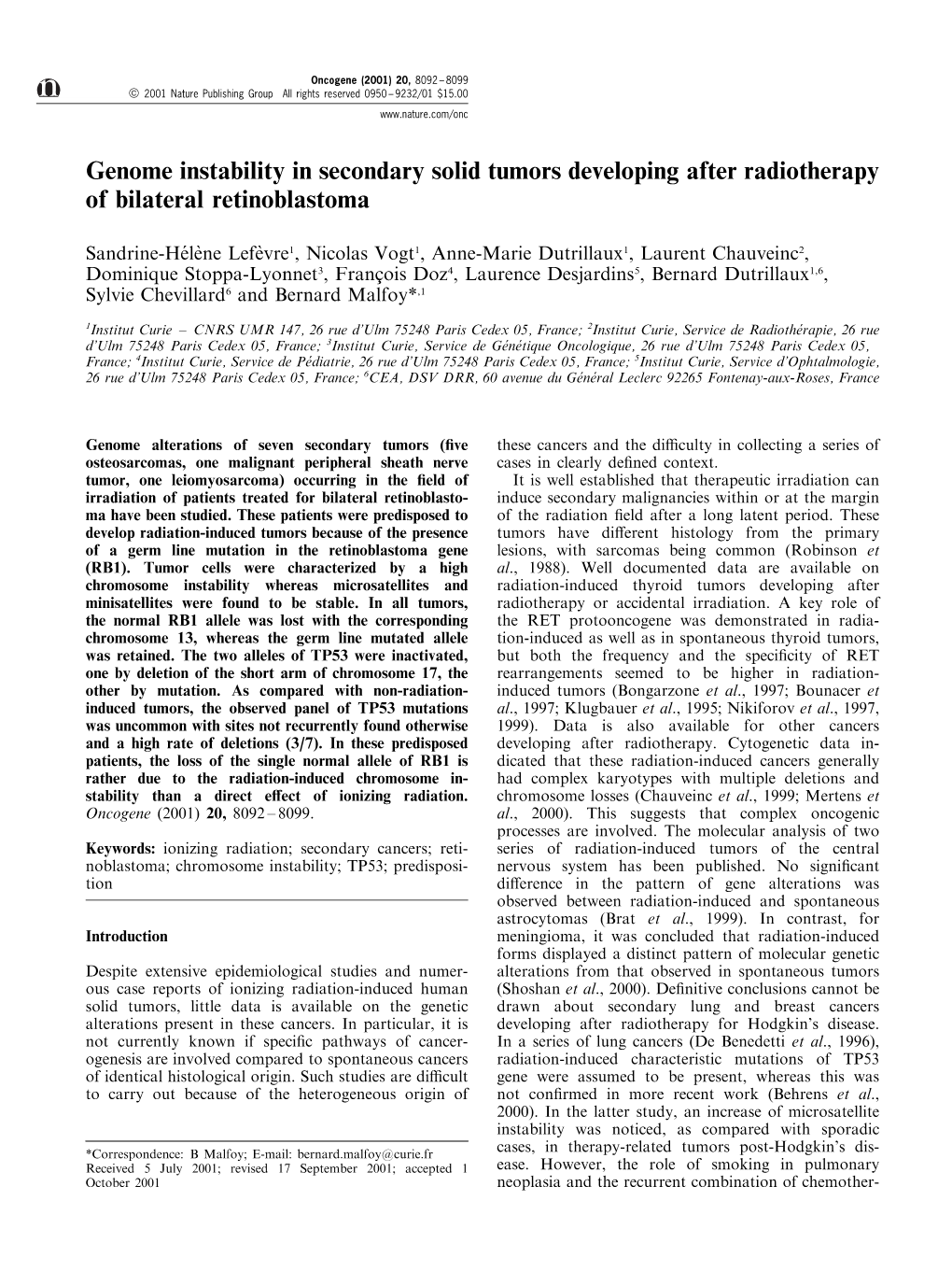 Genome Instability in Secondary Solid Tumors Developing After Radiotherapy of Bilateral Retinoblastoma