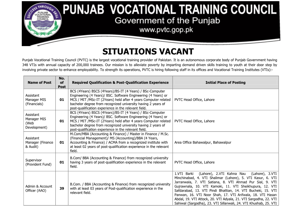 SITUATIONS VACANT Punjab Vocational Training Council (PVTC) Is the Largest Vocational Training Provider of Pakistan