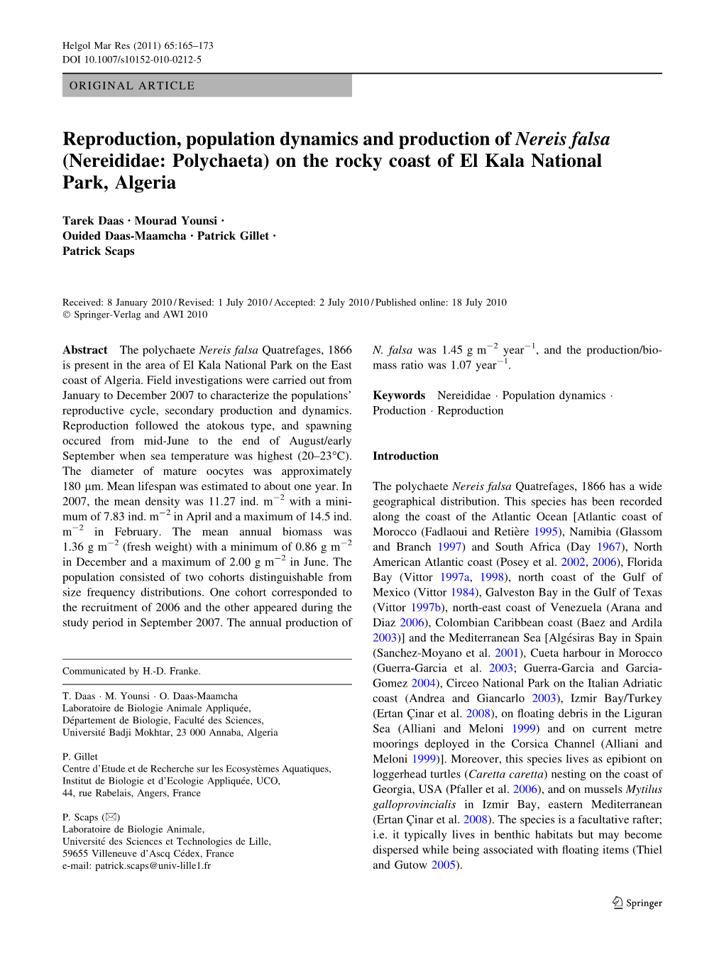 Reproduction, Population Dynamics and Production of Nereis Falsa (Nereididae: Polychaeta) on the Rocky Coast of El Kala National Park, Algeria