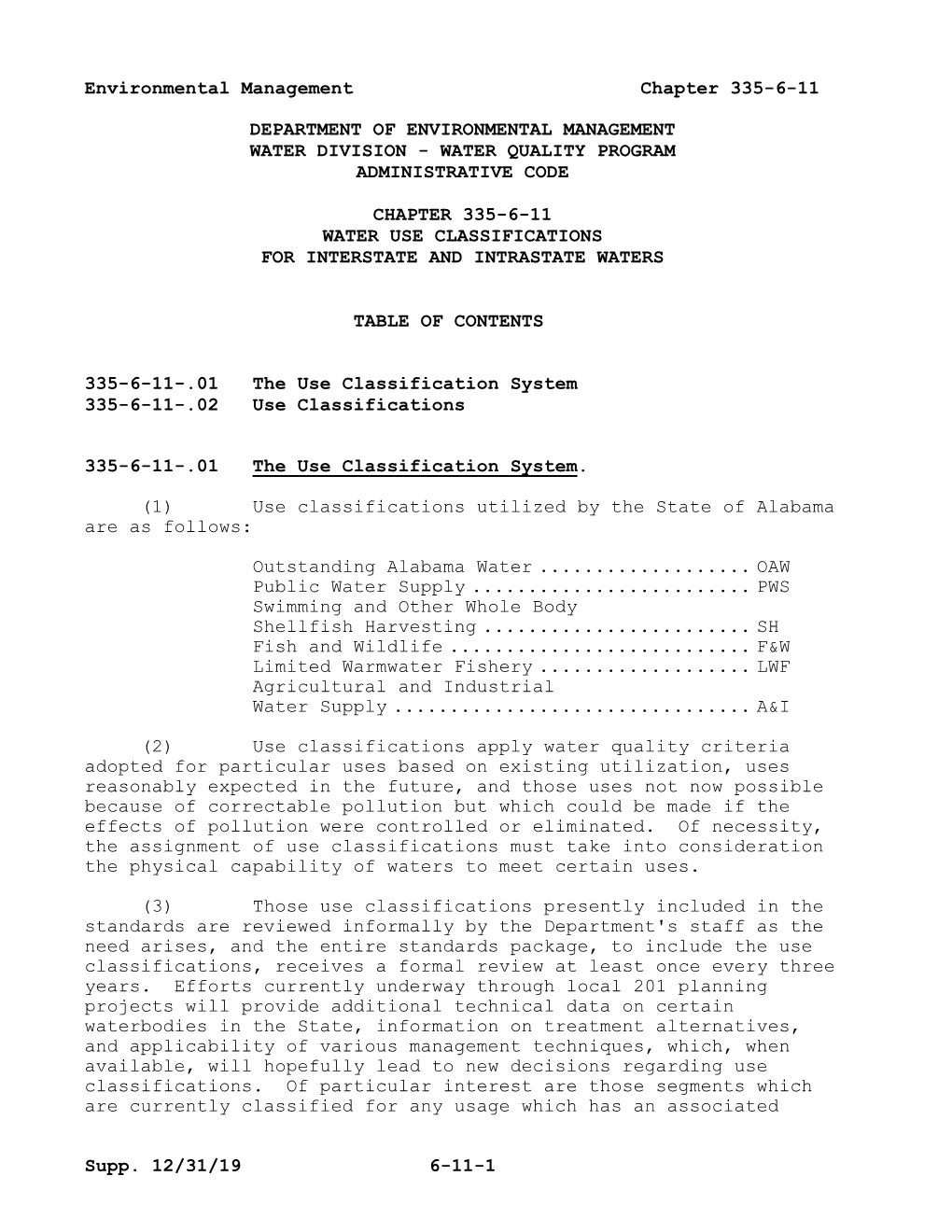 Chapter 335-6-11 Water Use Classifications for Interstate and Intrastate Waters