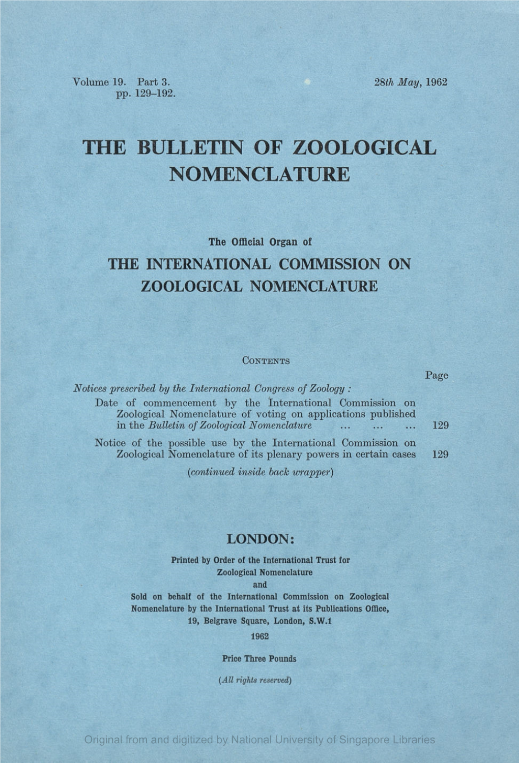 The Bulletin of Zoological Nomenclature, Vol19, Part 3