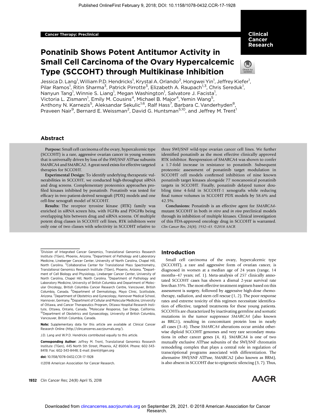 Ponatinib Shows Potent Antitumor Activity in Small Cell Carcinoma of the Ovary Hypercalcemic Type (SCCOHT) Through Multikinase Inhibition Jessica D