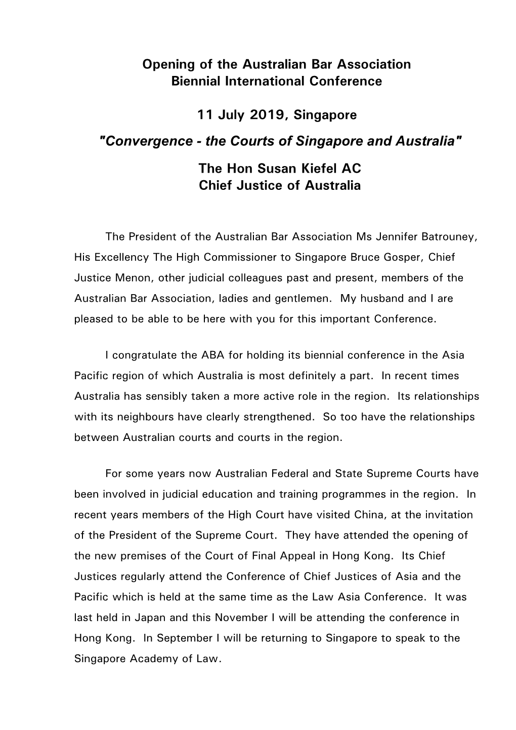 Opening of the Australian Bar Association Biennial International Conference