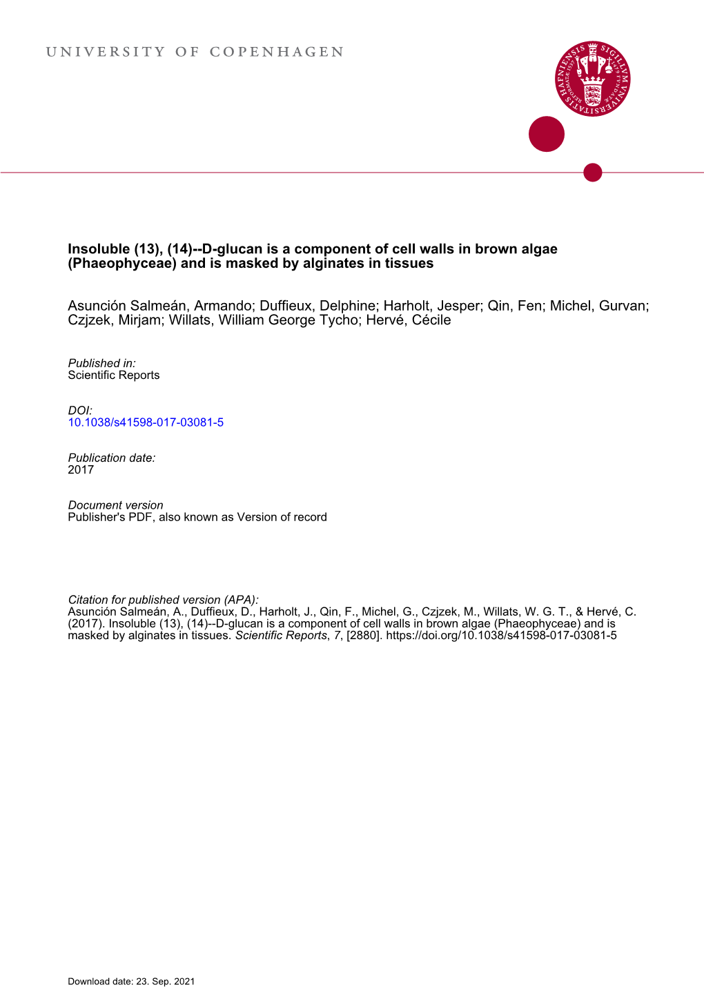 (1 → 4)-Β-D-Glucan Is a Component of Cell Walls in Brown Algae