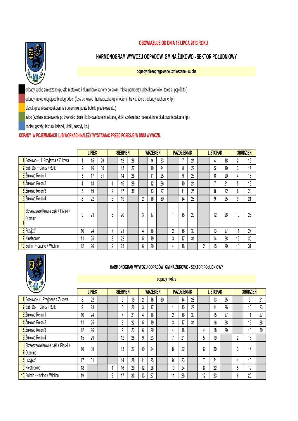 Harmonogram Wywozu Odpadów Gmina Żukowo - Sektor Południowy