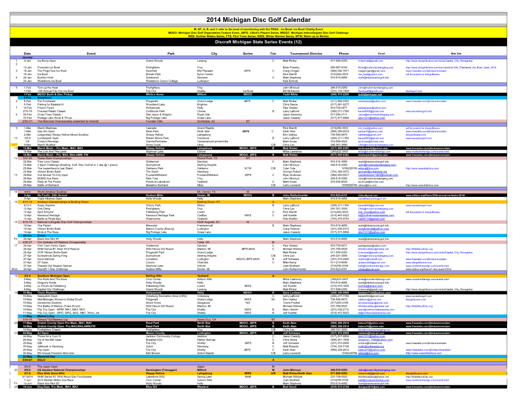 2014 Michigan Disc Golf Calendar