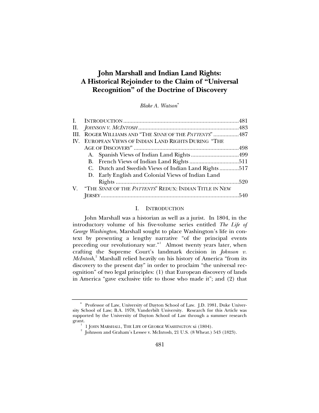 John Marshall and Indian Land Rights: a Historical Rejoinder to the Claim of “Universal Recognition” of the Doctrine of Discovery