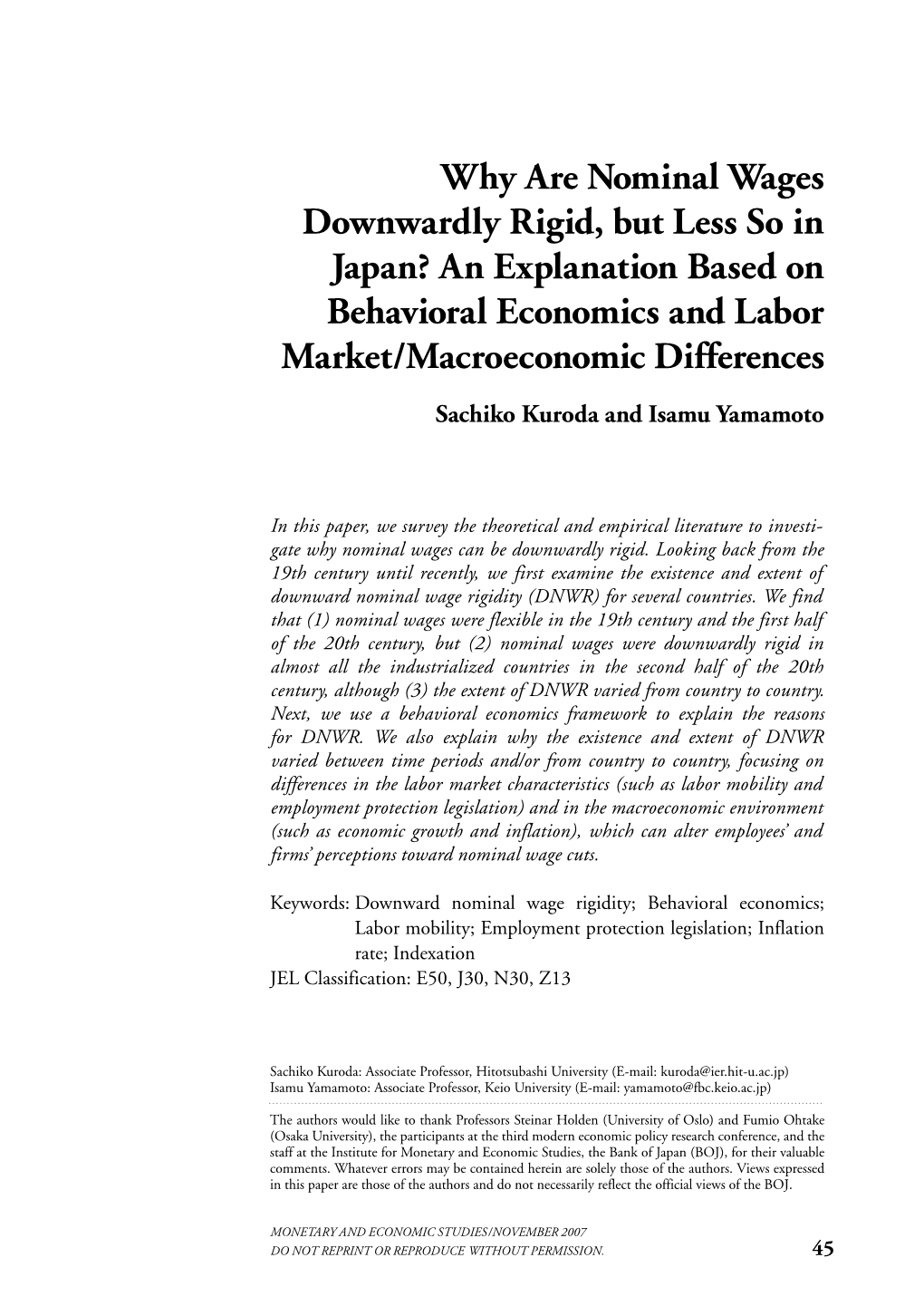 Why Are Nominal Wages Downwardly Rigid, but Less So in Japan? an Explanation Based on Behavioral Economics and Labor Market/Macroeconomic Differences