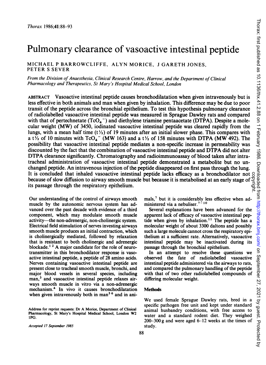 Pulmonary Clearance of Vasoactive Intestinal Peptide