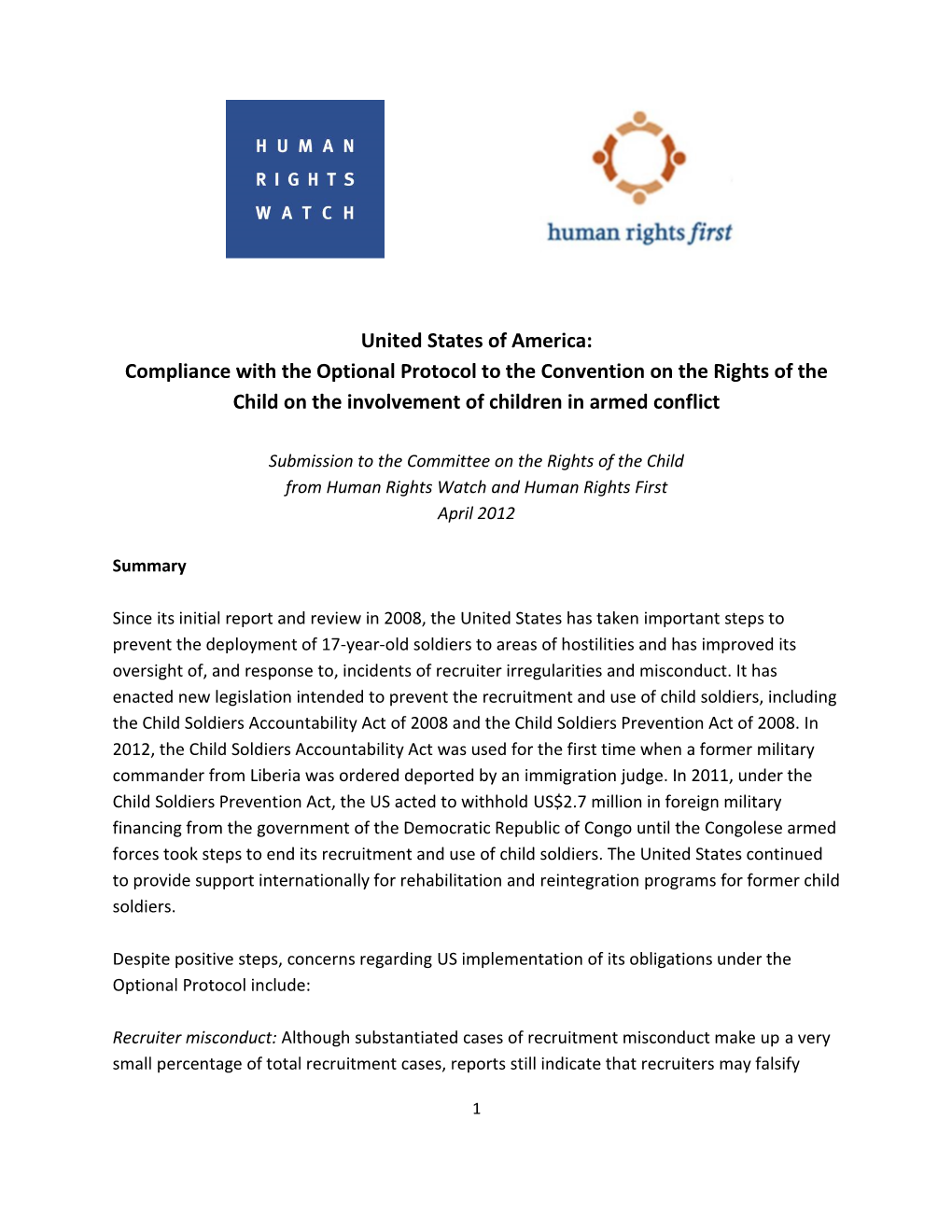 United States of America: Compliance with the Optional Protocol to the Convention on the Rights of the Child on the Involvement of Children in Armed Conflict