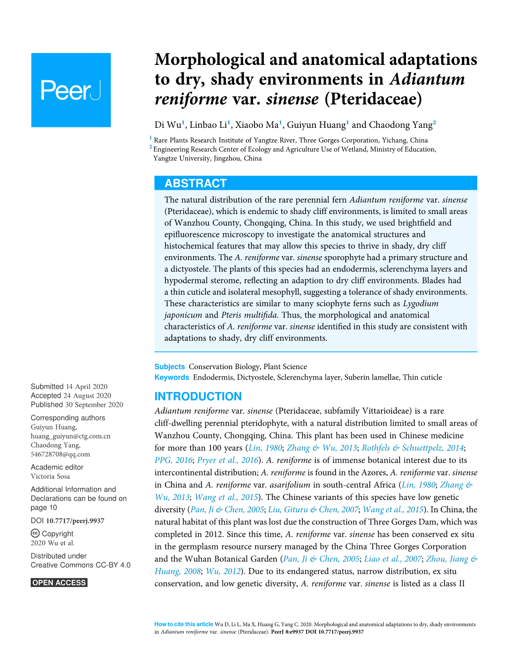 Morphological and Anatomical Adaptations to Dry, Shady Environments in Adiantum Reniforme Var