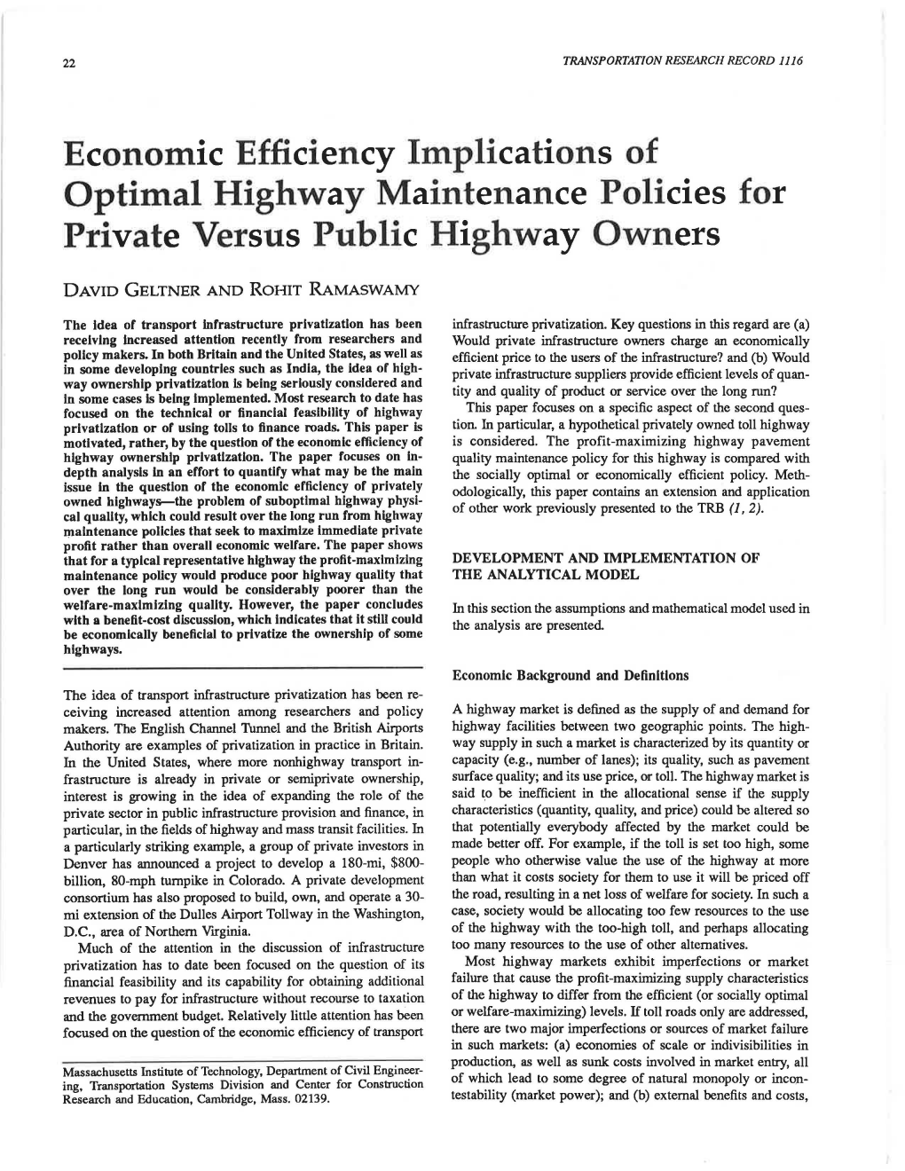 Economic Efficiency Implications of Optimal Highway Maintenance Policies for Private Versus Public Highway Owners