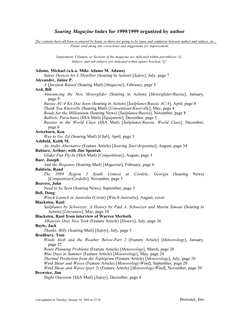 Soaring Magazine Index for 1999/1999 Organized by Author