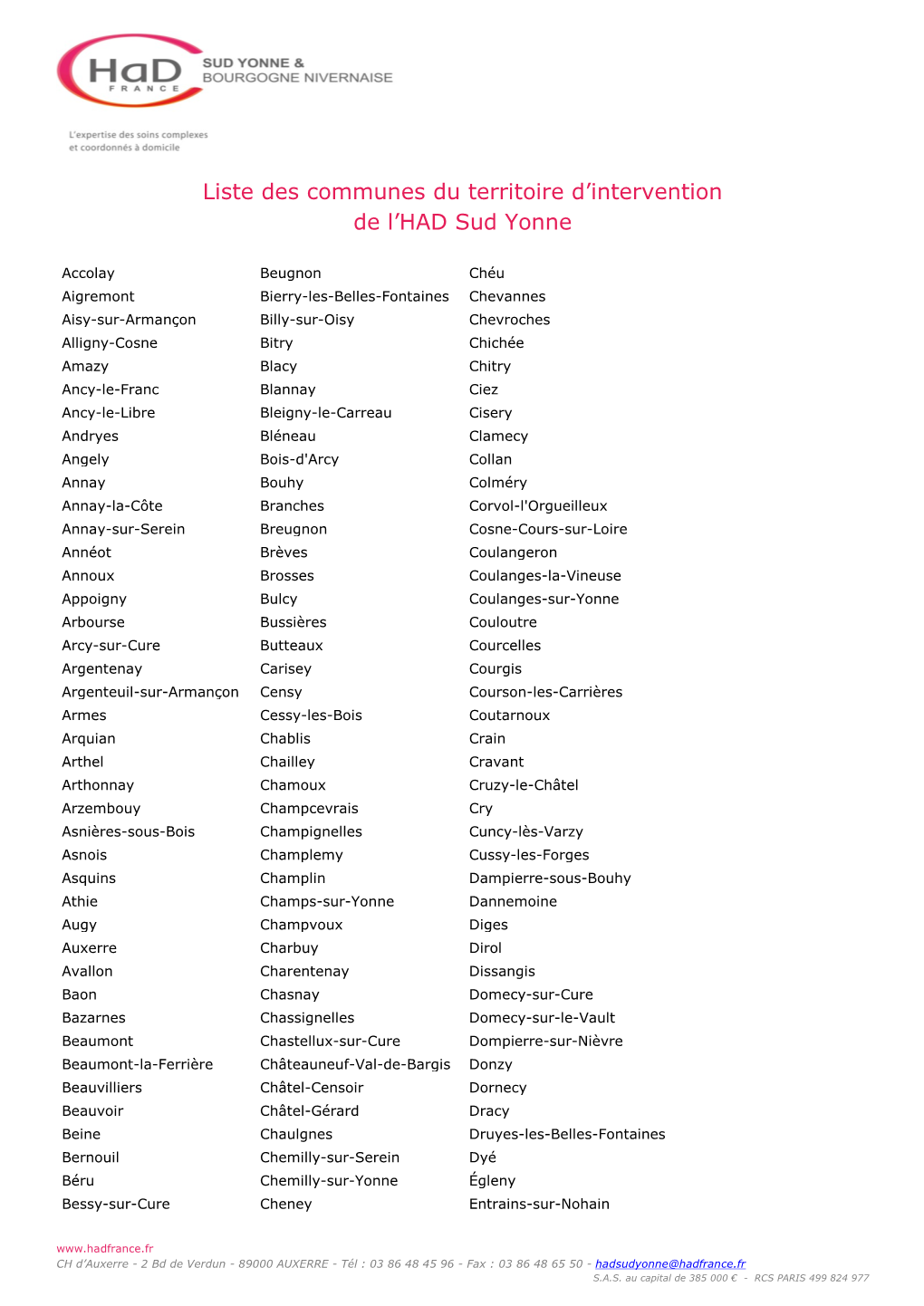 Liste Des Communes Du Territoire D'intervention De L'had Sud Yonne