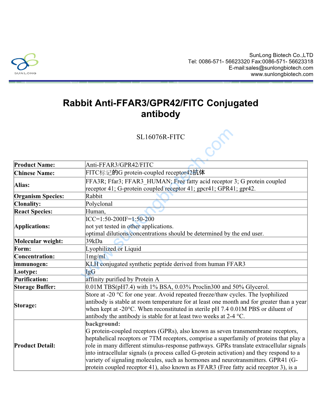 Rabbit Anti-FFAR3/GPR42/FITC Conjugated Antibody-SL16076R