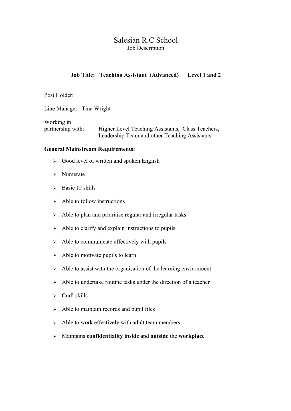 Job Title: Teaching Assistant (Advanced) Level 1 and 2