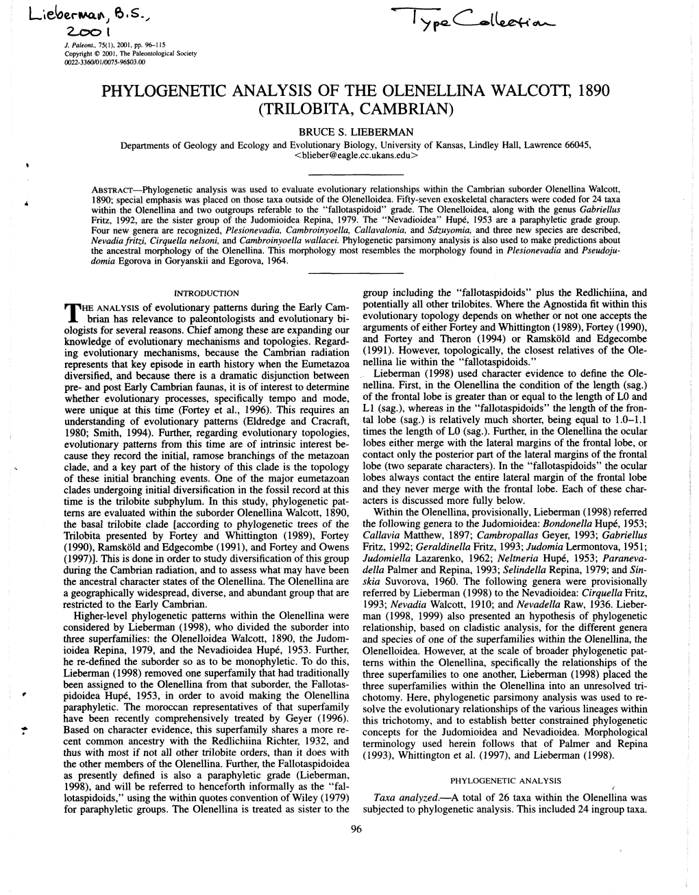 Phylogenetic Analysis of the Olenellina Walcott, 1890 (Trilobita, Cambrian) Bruce S