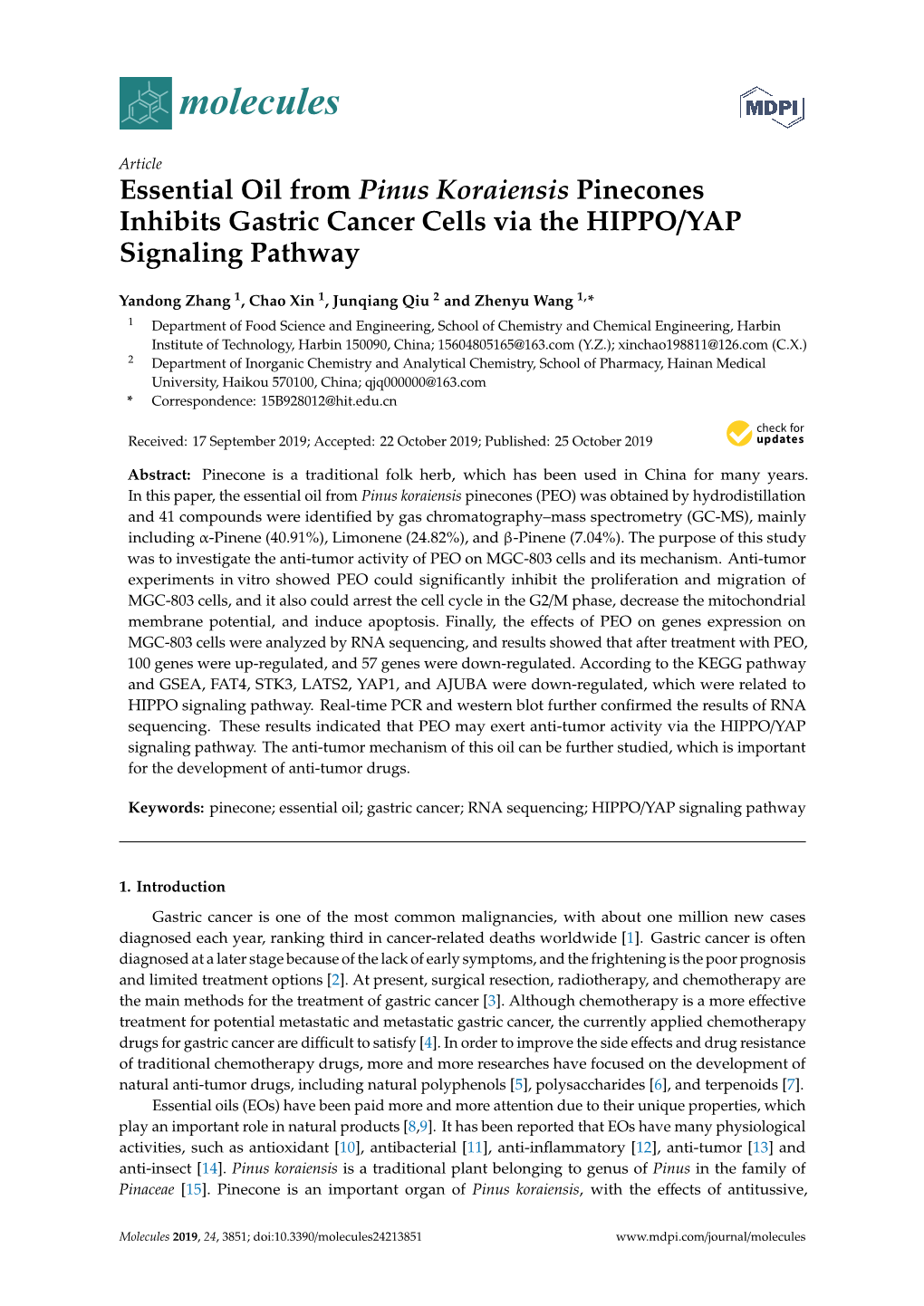 Essential Oil from Pinus Koraiensis Pinecones Inhibits Gastric Cancer Cells Via the HIPPO/YAP Signaling Pathway