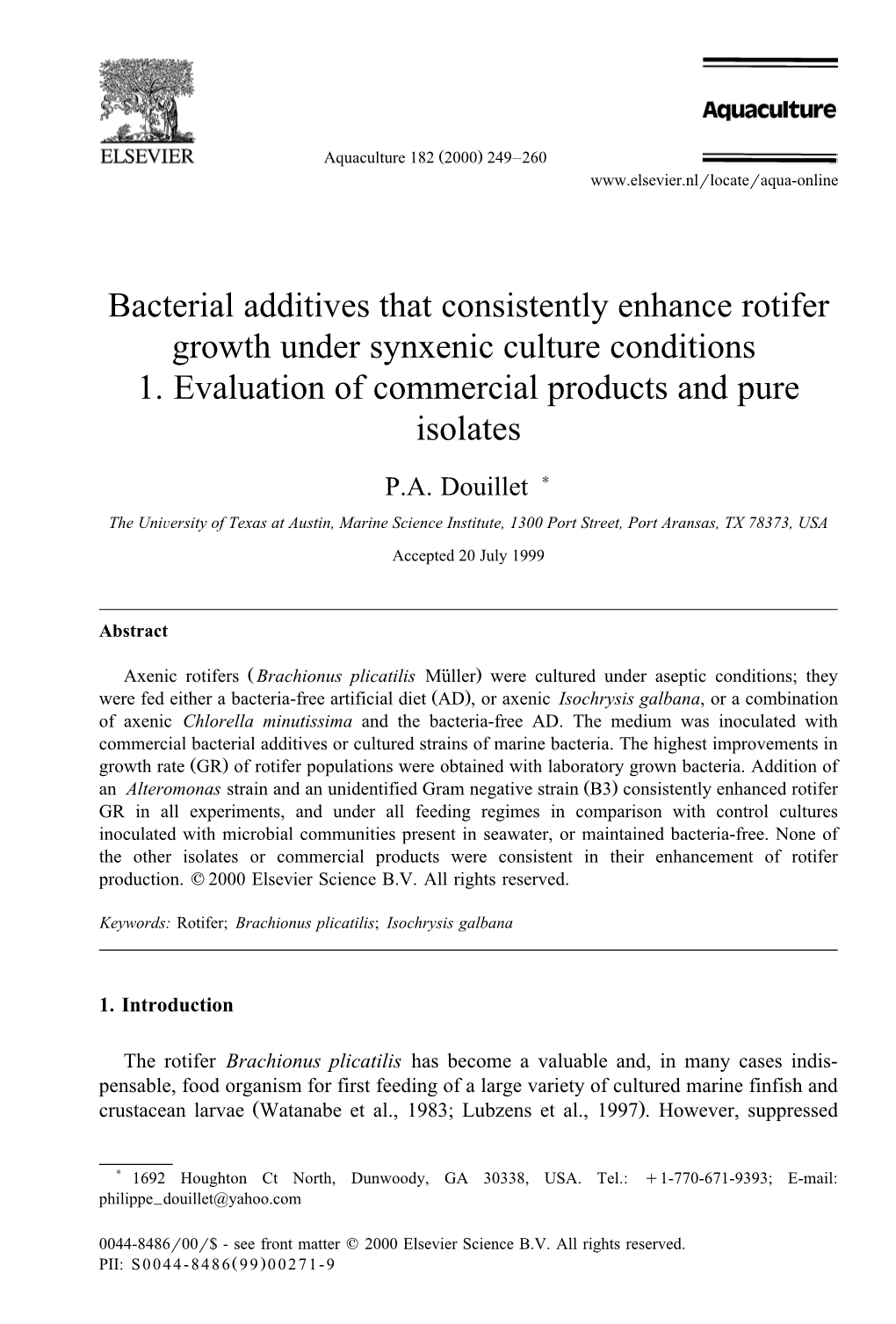 Bacterial Additives That Consistently Enhance Rotifer Growth Under Synxenic Culture Conditions 1