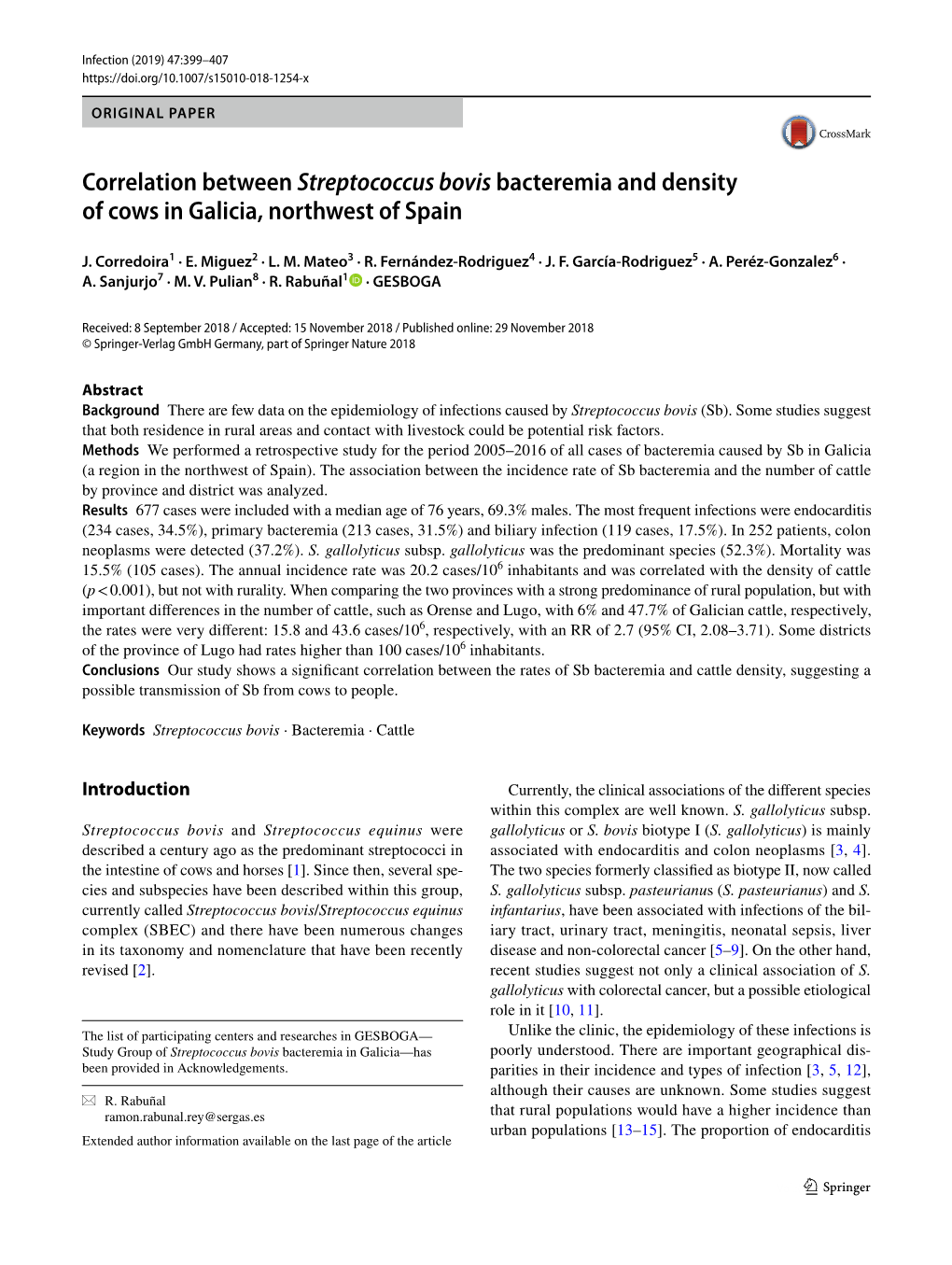 Correlation Between Streptococcus Bovis Bacteremia and Density of Cows in Galicia, Northwest of Spain