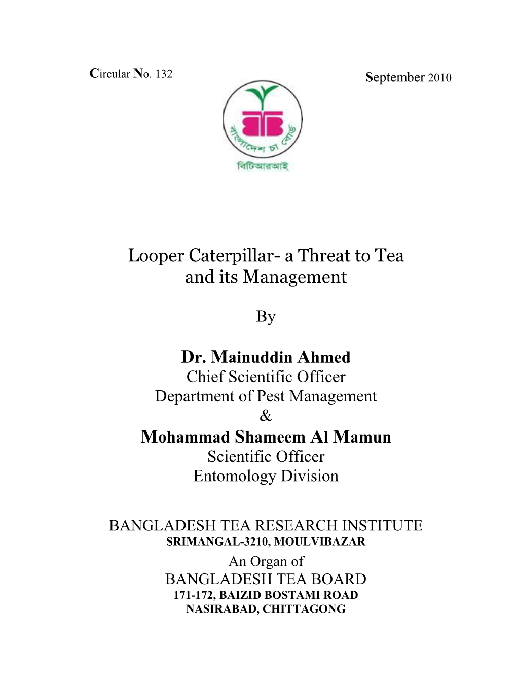 Looper Caterpillar- a Threat to Tea and Its Management