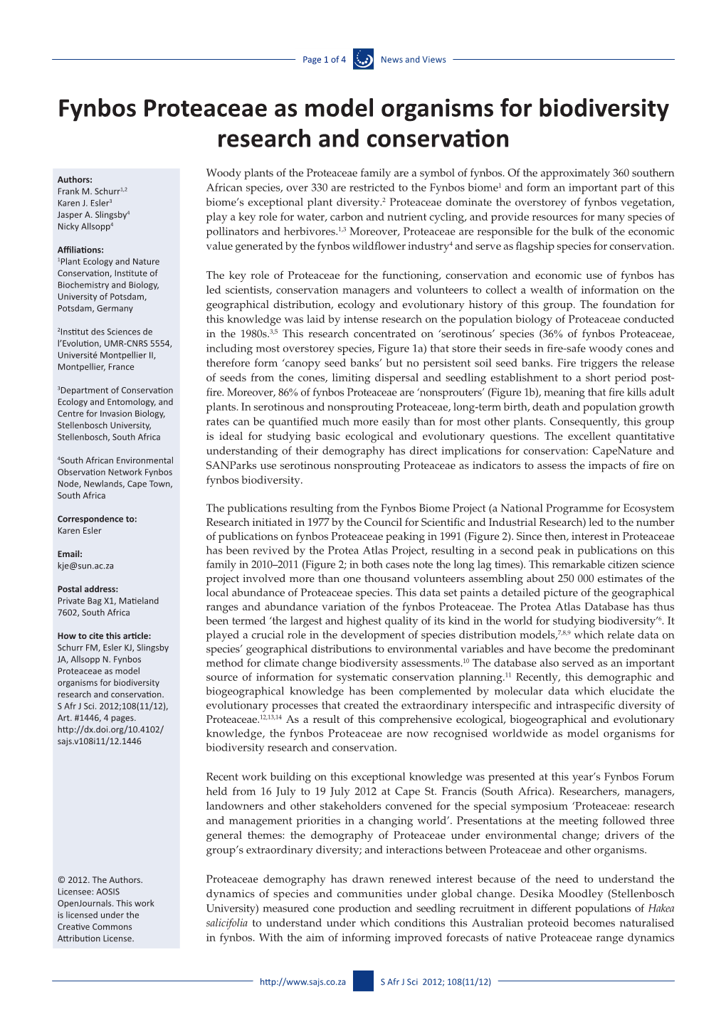 Fynbos Proteaceae As Model Organisms for Biodiversity Research and Conservation