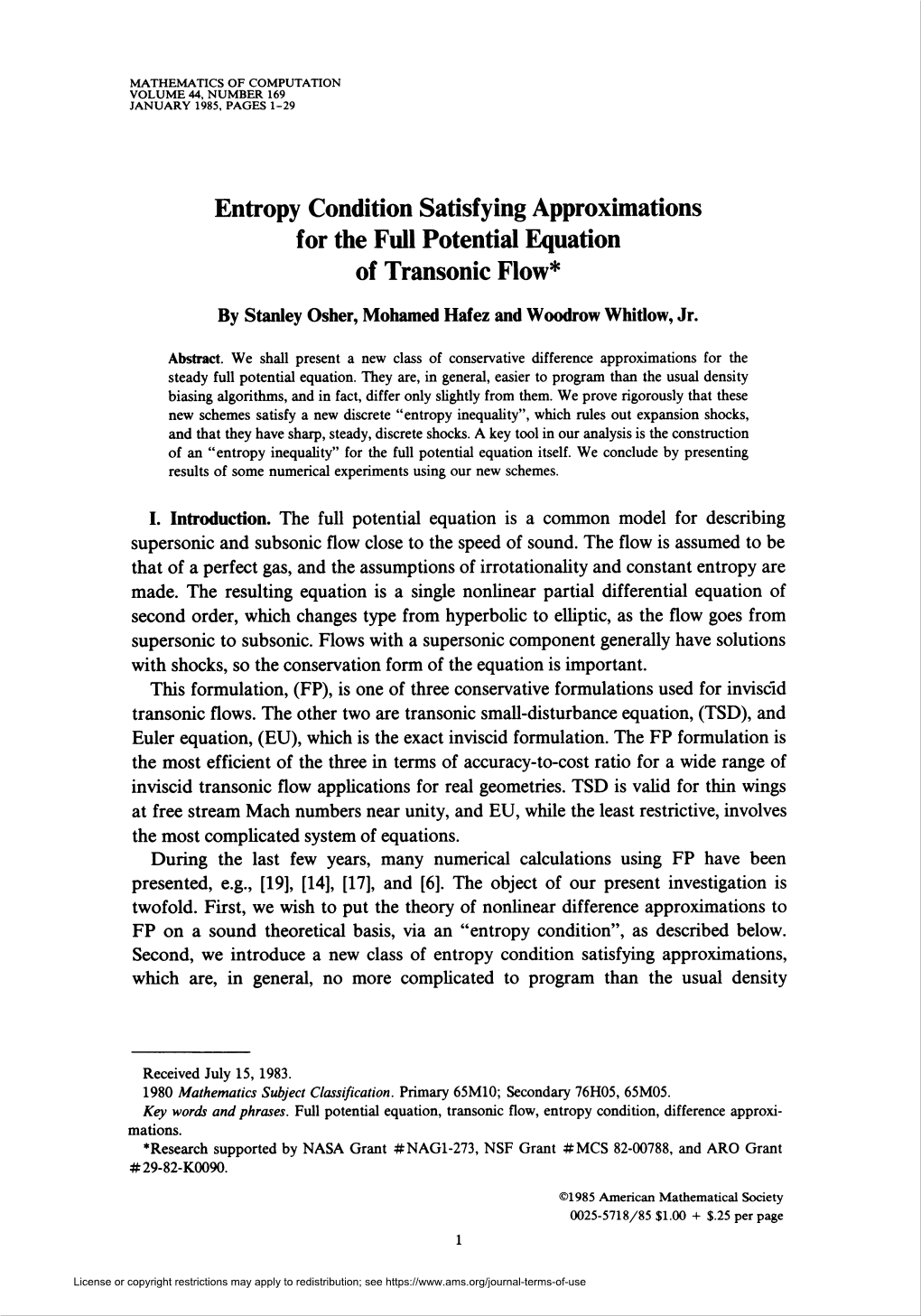 For the Full Potential Equation of Transonic Flow*