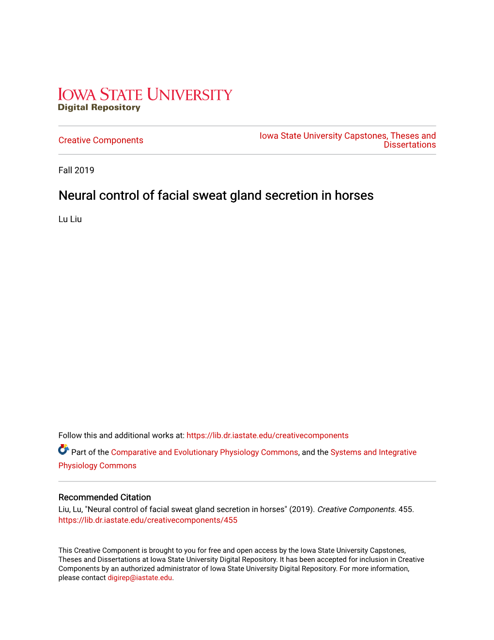 Neural Control of Facial Sweat Gland Secretion in Horses