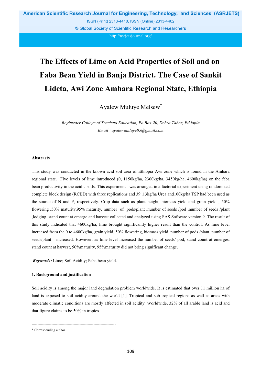 The Effects of Lime on Acid Properties of Soil and on Faba Bean Yield in Banja District