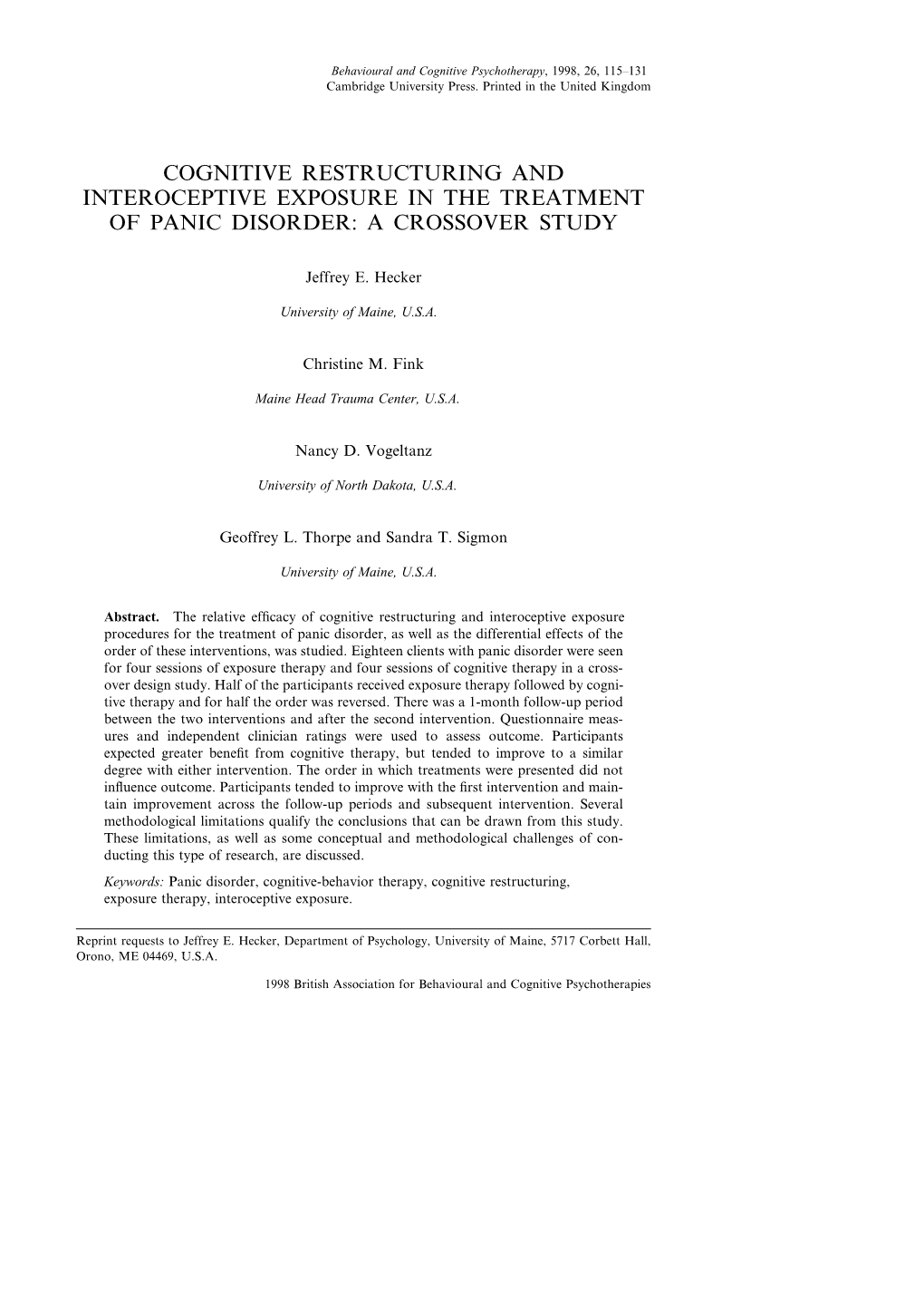 Cognitive Restructuring and Interoceptive Exposure in the Treatment of Panic Disorder: a Crossover Study