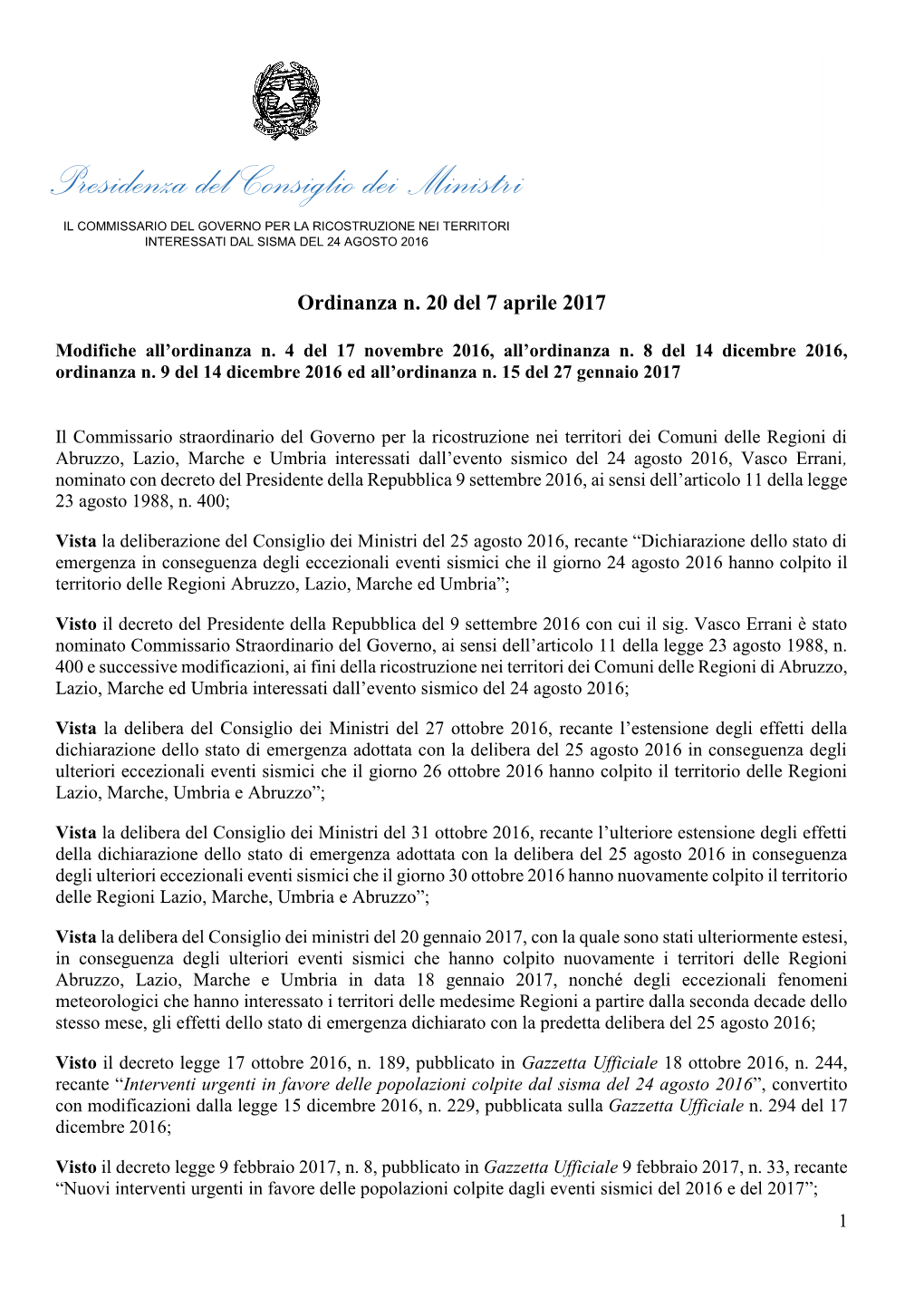 Ordinanza N. 20 Del 7 Aprile 2017