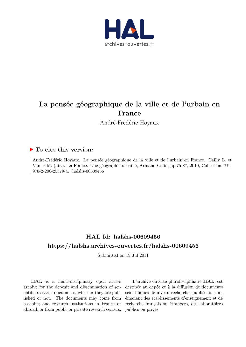 La Pensée Géographique De La Ville Et De L'urbain En France