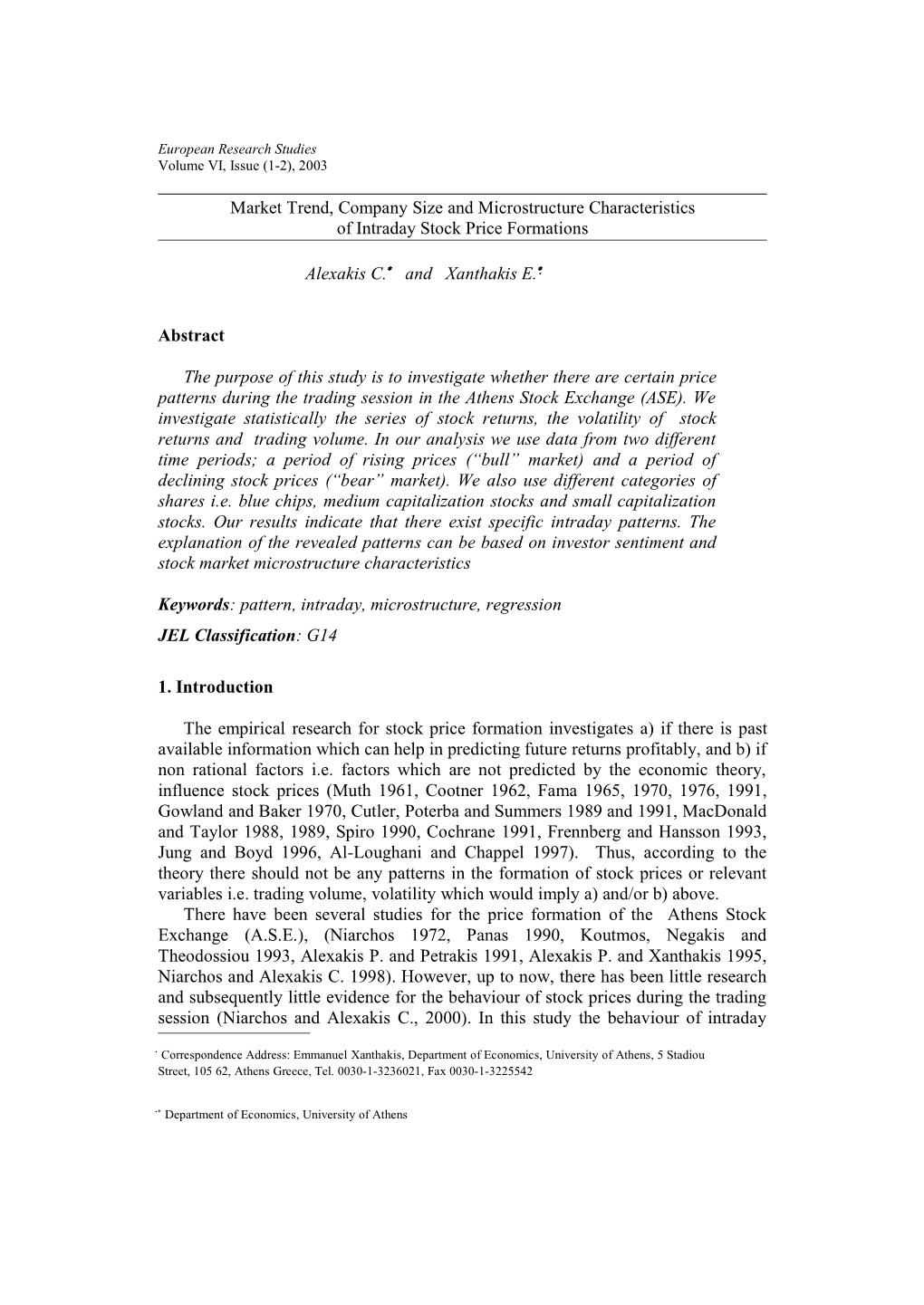 Market Trend, Company Size and Microstructure Characteristics of Intraday Stock Price Formations