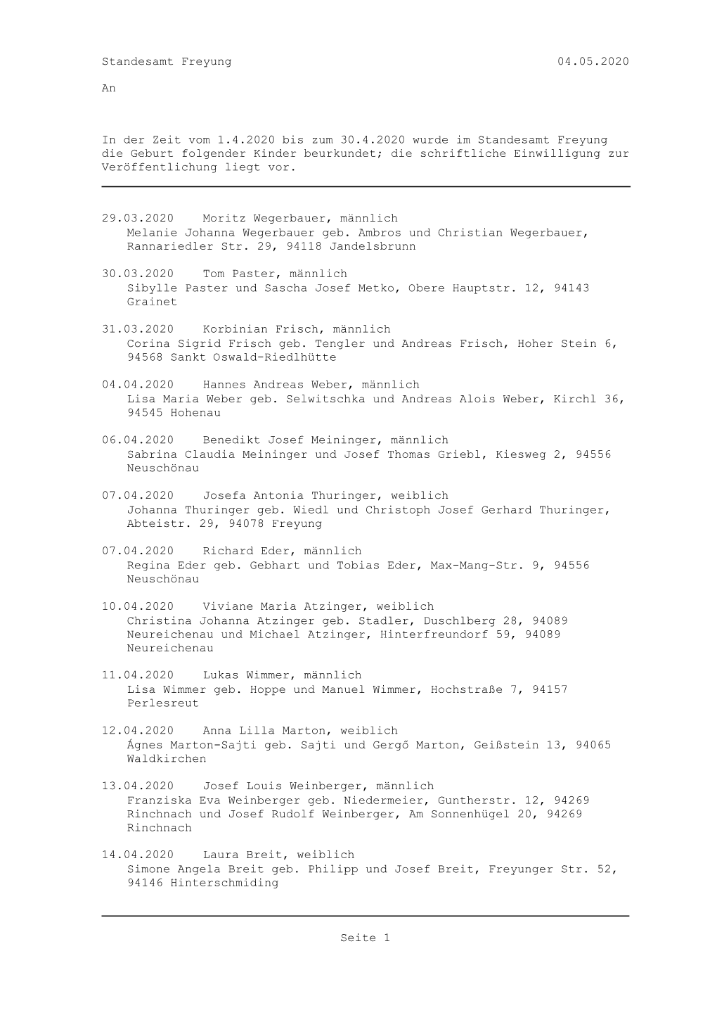 04.05.2020 Standesamt Freyung an in Der Zeit Vom 1.4.2020 Bis Zum 30.4