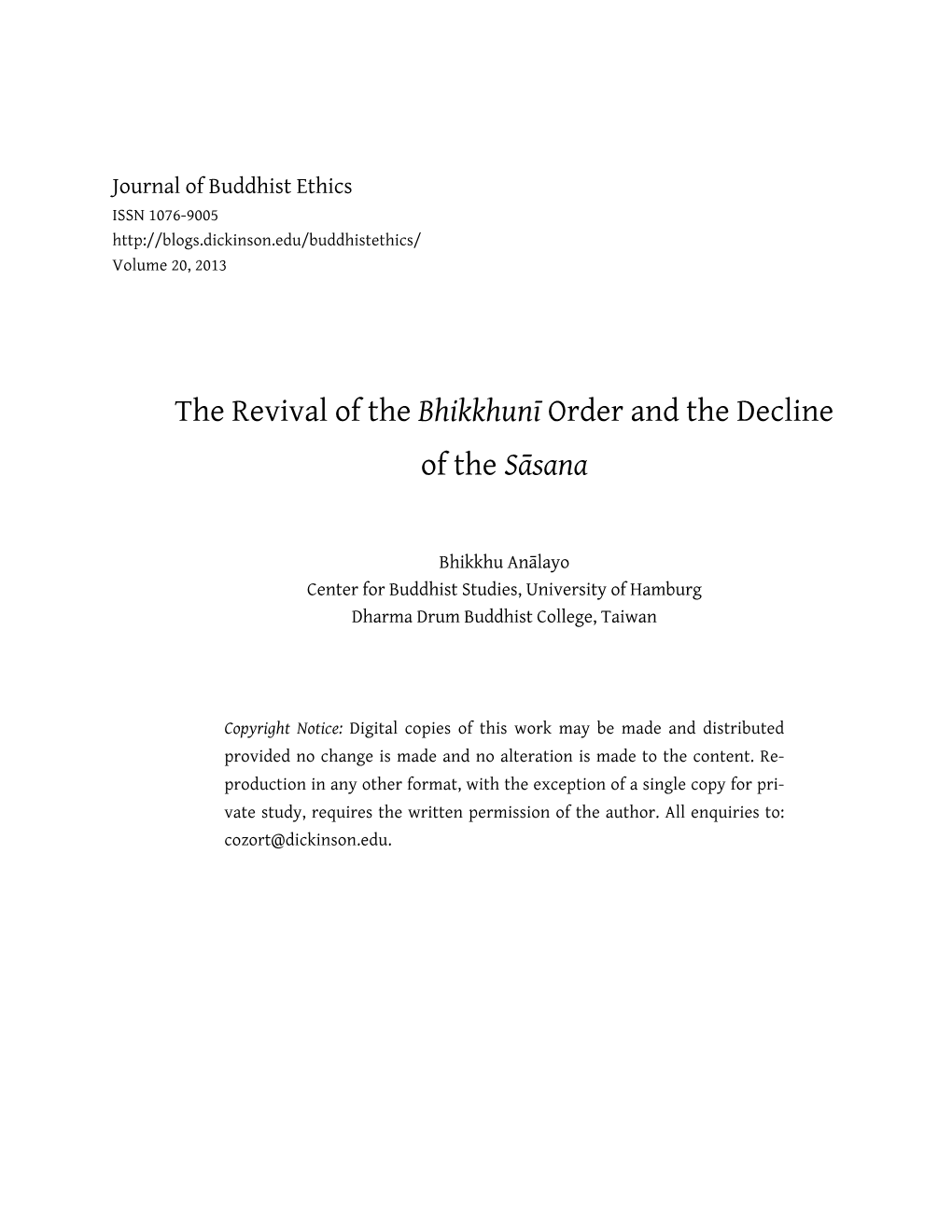 The Revival of the Bhikkhunī Order and the Decline of the Sāsana