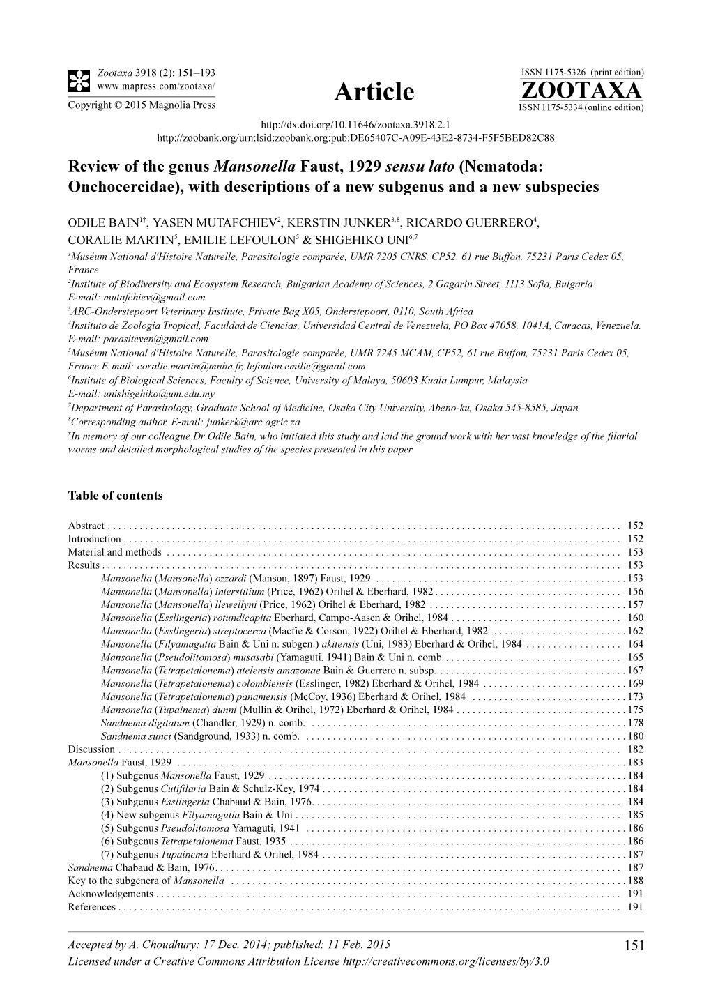 Review of the Genus Mansonella Faust, 1929 Sensu Lato (Nematoda: Onchocercidae), with Descriptions of a New Subgenus and a New Subspecies