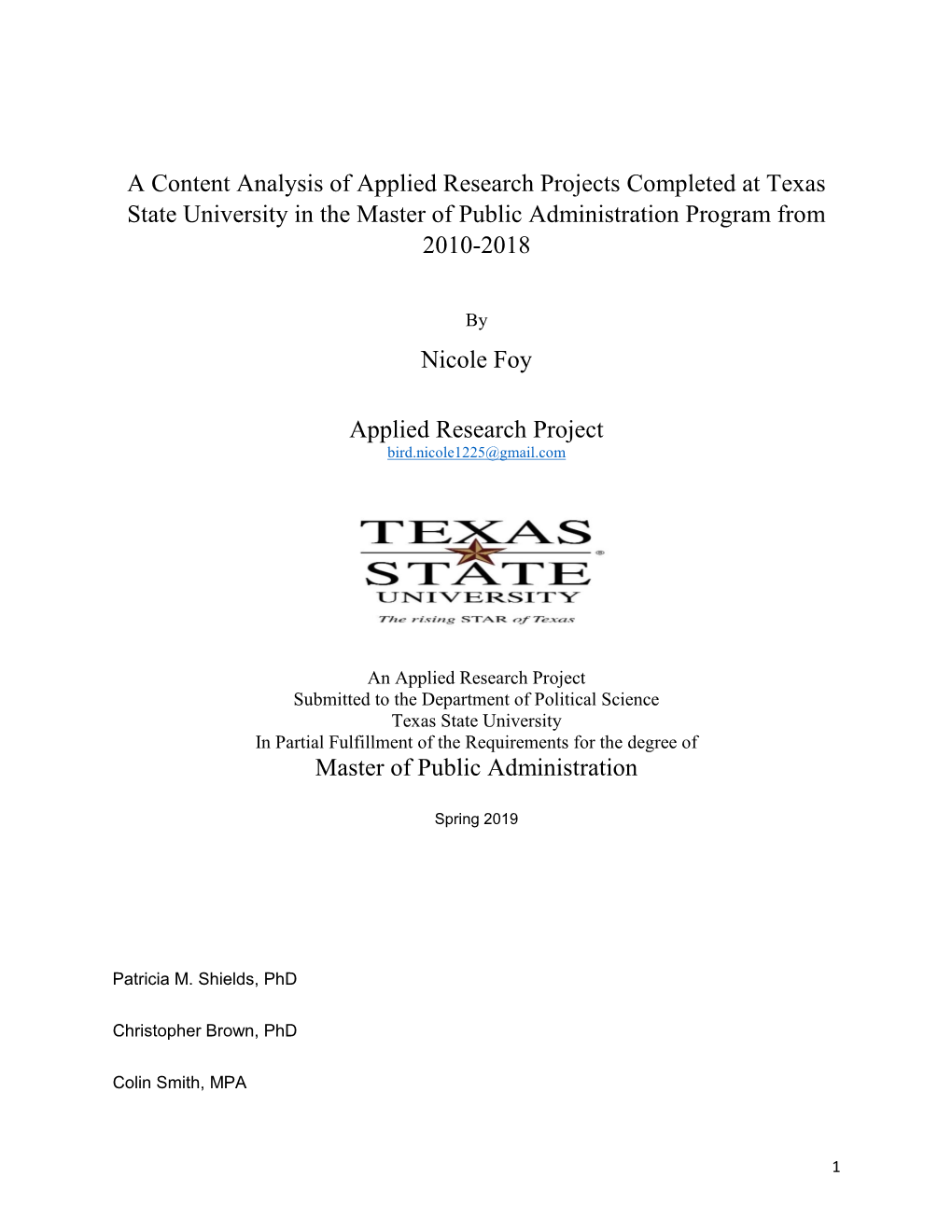 A Content Analysis of Applied Research Projects Completed at Texas State University in the Master of Public Administration Program from 2010-2018