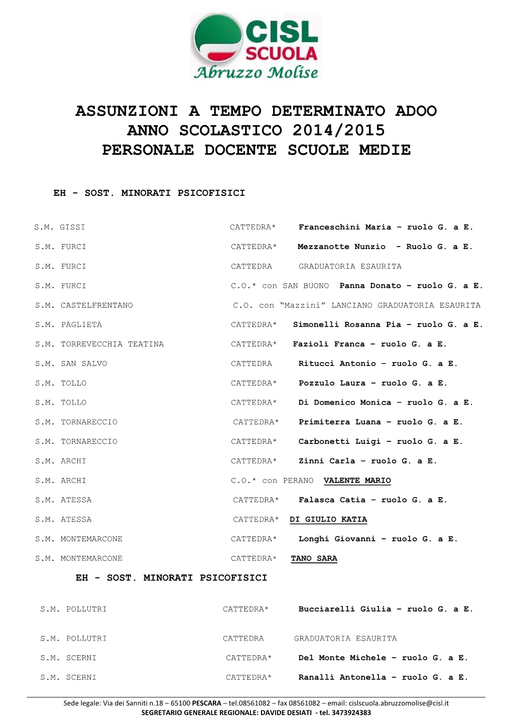 Assunzioni a Tempo Determinato Adoo Anno Scolastico 2014/2015 Personale Docente Scuole Medie