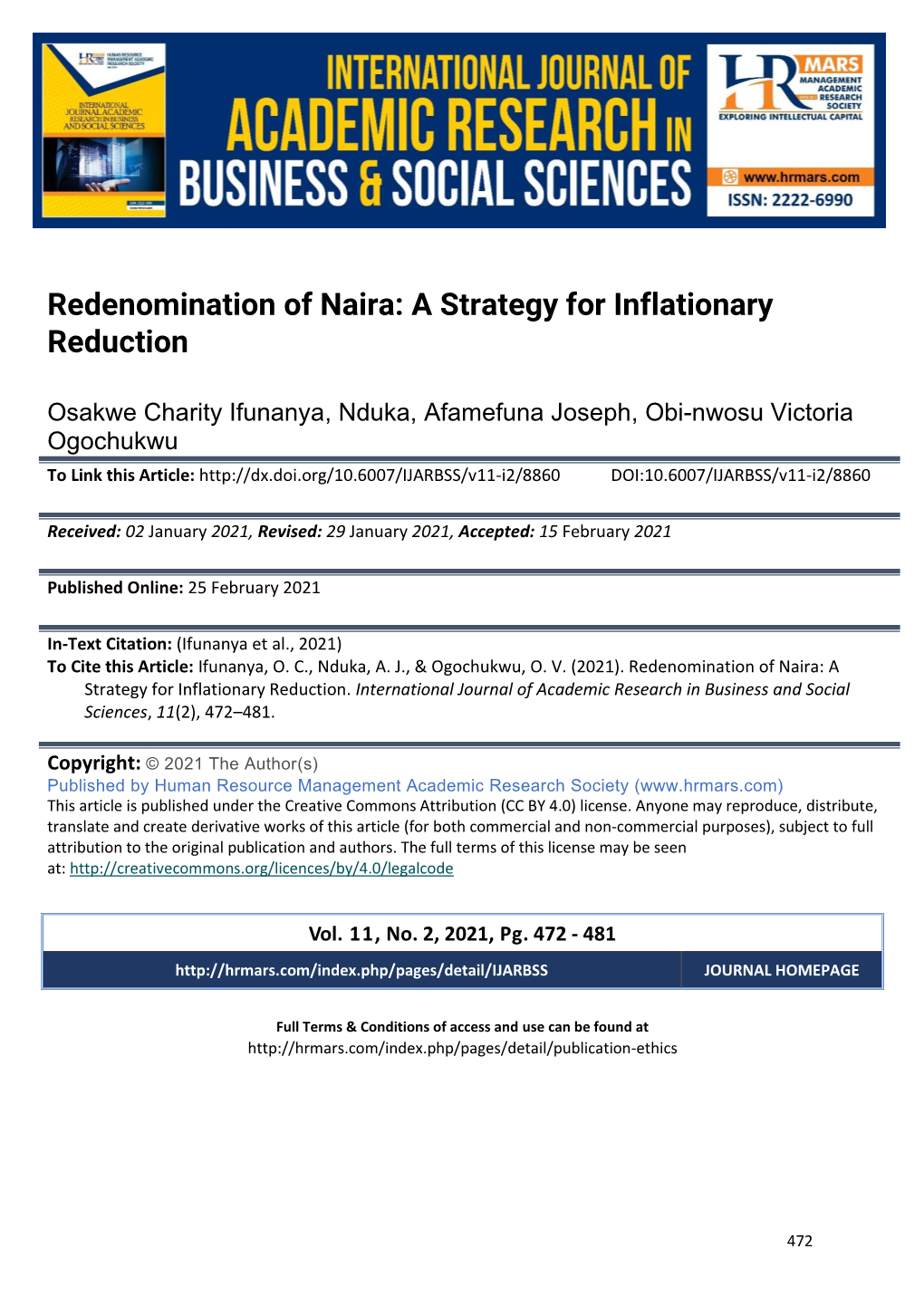 Redenomination of Naira: a Strategy for Inflationary Reduction