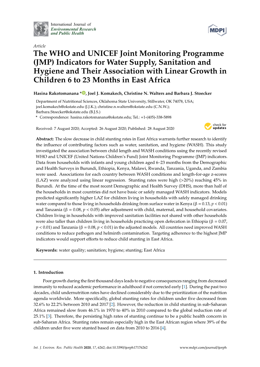 (JMP) Indicators for Water Supply, Sanitation and Hygiene and Their Association with Linear Growth in Children 6 to 23 Months in East Africa