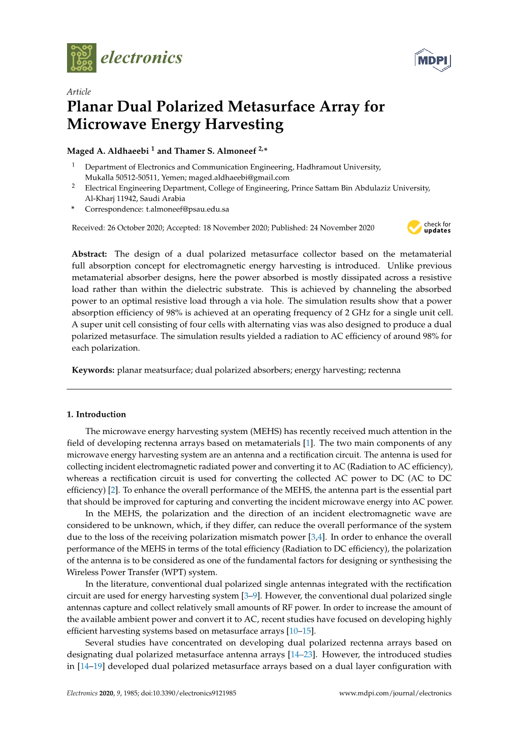 Planar Dual Polarized Metasurface Array for Microwave Energy Harvesting