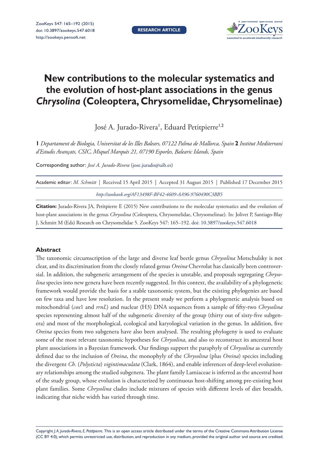 New Contributions to the Molecular Systematics and the Evolution of Host-Plant Associations in the Genus Chrysolina (Coleoptera, Chrysomelidae, Chrysomelinae)