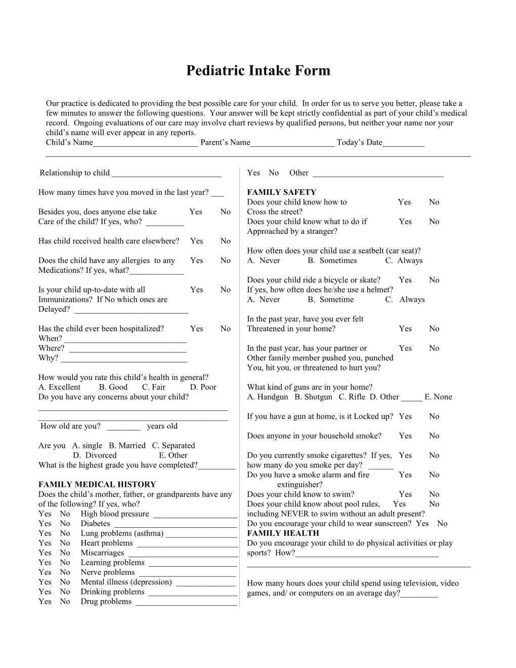 Pediatric Intake Form