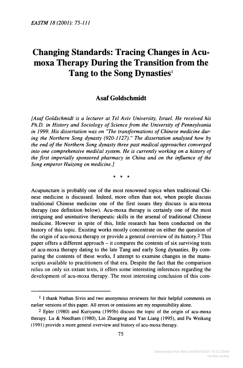 Tracing Changes in Acu- Moxa Therapy During the Transition from the Tang to the Song Dynasties 1