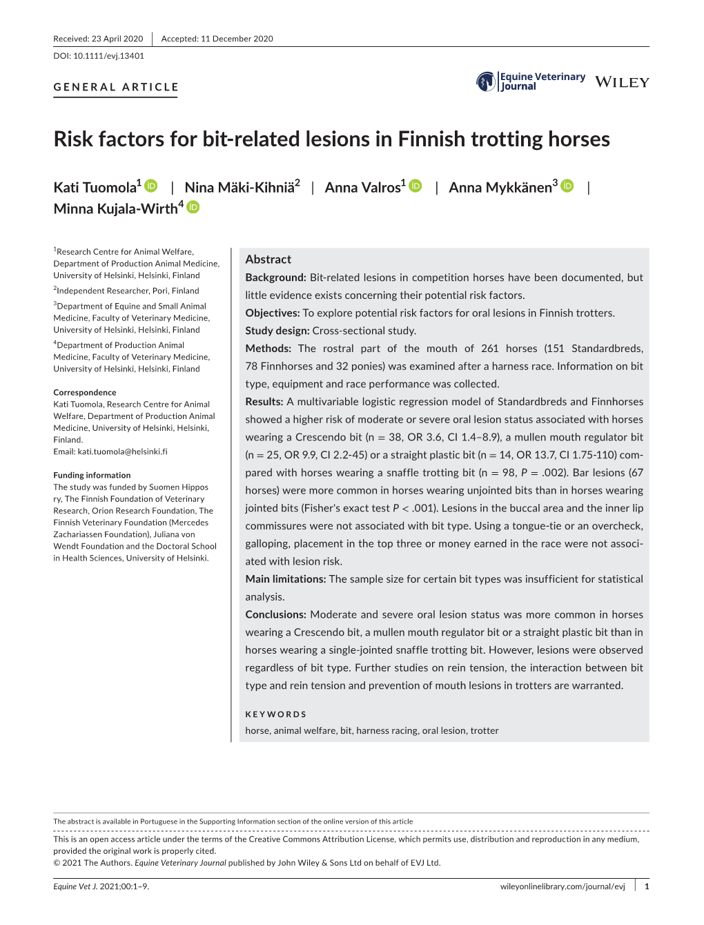 Risk Factors for Bit‐Related Lesions in Finnish Trotting Horses