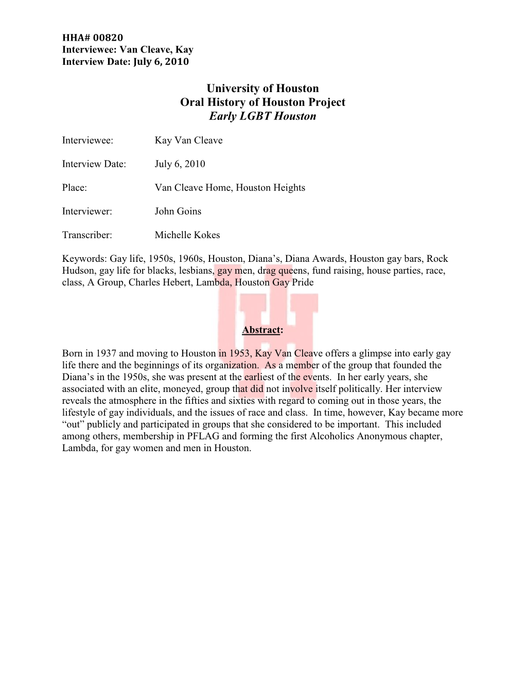 University of Houston Oral History of Houston Project Early LGBT Houston